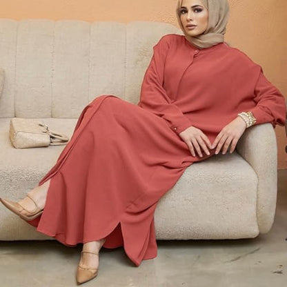 IKADEX Women Batwing Sleeve Abaya Button Loose Fit Long Maxi Muslim Dress Islamic Kaftan Prayer Robe - color: Rust Red