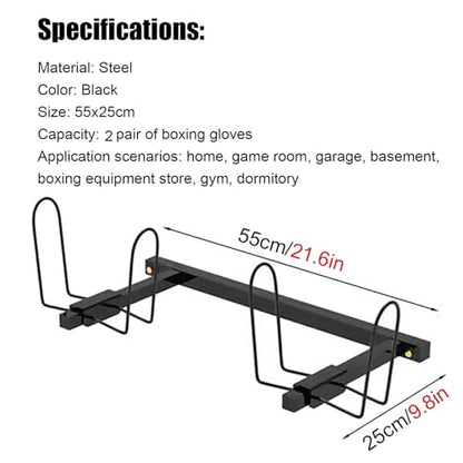 WDJBPSH Wall Mounted Display Boxing Glove Holder, Black Powder Coated Storage Rack with Metal Hook, Hold 2/3 / 4/5 Pair of Training Gloves Dryer - size: 55cm/21.6in long