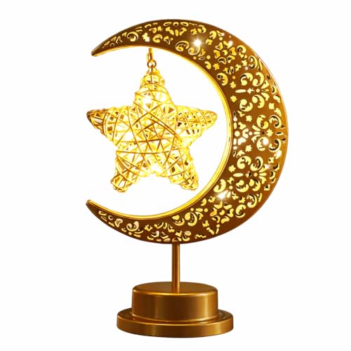 Lifnatty Ramadan Decorations Moon Lamp, Ramadan Decor for Home, Eid Mubarak Decorations, Ramadan Eid Gifts, Enchanted Lunar Table Lamp, Half Moon Lights, Battery Operated Moon Star Night Light - style: Moon Star Lamp