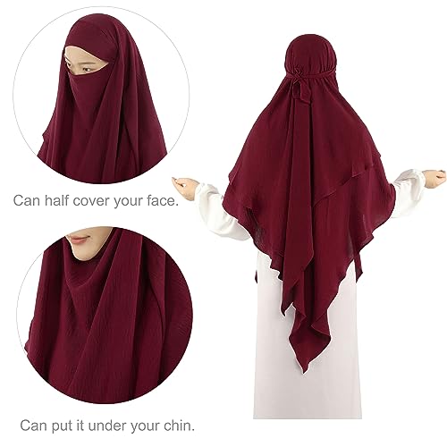 Khalat Muslim Prayer Hijab - 2 Layers Soft Breathable Islamic Dubai Women's Instant Long Hijab - color: Wine Red
