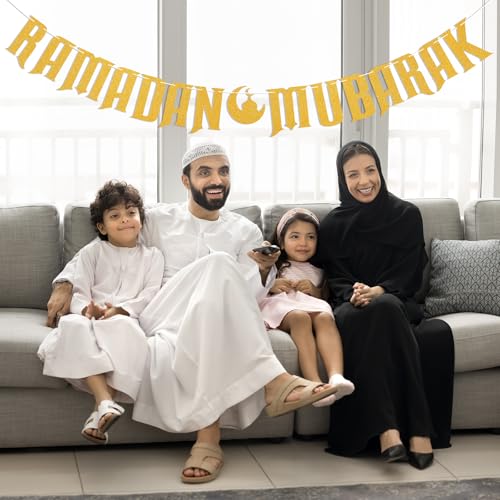 Ramadan Mubarak Banner - Happy Eid Decor, Ramadan Decorations for Home Umrah Mubarak Decorations Eid Festival Party Decorations Gold Glitter