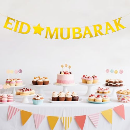 Eid Mubarak Banner - Moon Ramadan Kareem Party Decor - Baby Shower - Perfect Eid Gifts - Islamic Muslim Party Supplies - Mirror Gold