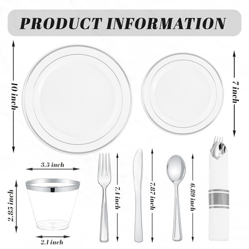 WDF Partyware 175PCS Sliver Plastic Plates - Silver Plates Disposable - White Plate with Silver Trim 25Guests Plastic Dinnerware Sets with Rolled Napkins for Wedding Baby Shower Spring Birthday - color: White and Silver, size: 175PCS