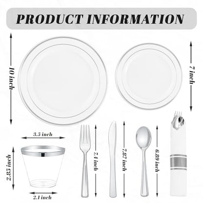 WDF Partyware 175PCS Sliver Plastic Plates - Silver Plates Disposable - White Plate with Silver Trim 25Guests Plastic Dinnerware Sets with Rolled Napkins for Wedding Baby Shower Spring Birthday - color: White and Silver, size: 175PCS