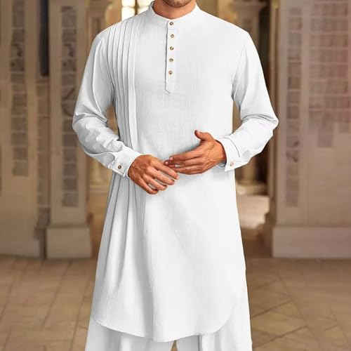 Mens Kaftan Thobe Button Down Casual Henley Shirts Long Sleeve Kurta Cotton Linen Muslim Gown Robe - color: White, size: X-Large