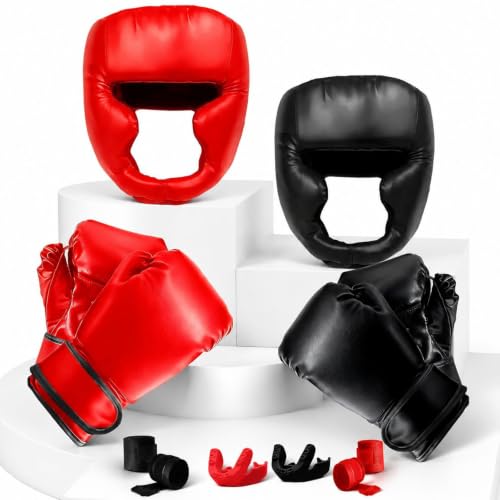 14 Pcs Boxing Set Boxing Equipment Set for Beginners Including 2 Pair of 6 oz Boxing Gloves Headgear Helmet Hand Wraps Mouth Guards Gifts Training Equipment - color: Black & Red