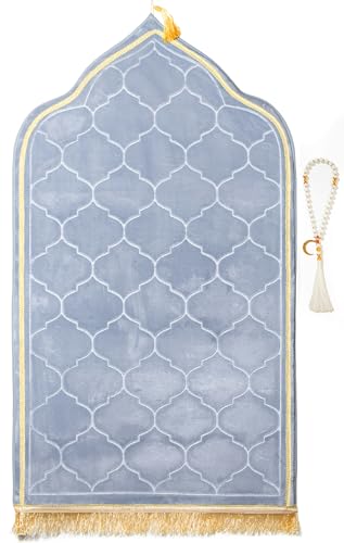 Muslim Prayer Rug with Tasbih Prayer Beads, Soft Memory Foam Prayer Matt Islam, Padded Islamic Prayer Mat Thick for Men and Women, Janamaz, Sajadah (25.6" x 43.3", Grey) - color: Grey
