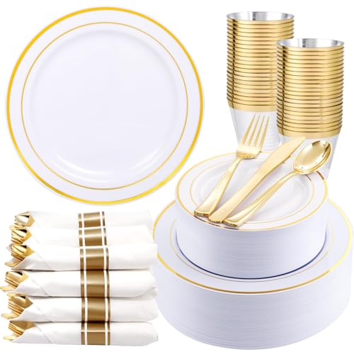 WDF Partyware 350Piece Gold Dinnerware Set for 50 Guests - Gold Plastic Plates with Disposable Cutlery - 50Dinner Plates-50Dessert Plates-50Pre Rolled Napkins with Silverware for Wedding/Birthday - color: White and Gold, size: 350