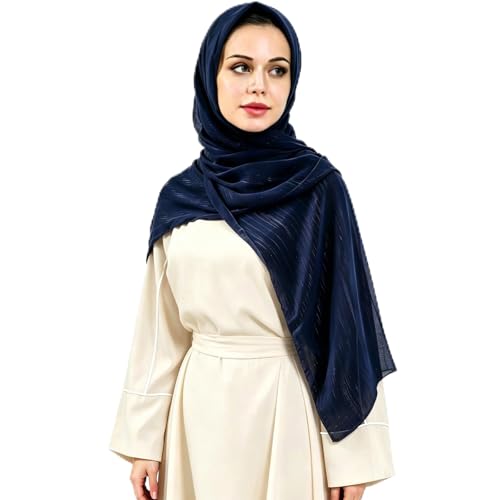Women Hijab Chiffon Head Scarf Lightweight Shimmer Scarves Crepe Wedding Shawls and Wraps for Evening Dresses Shiny - color: Navy