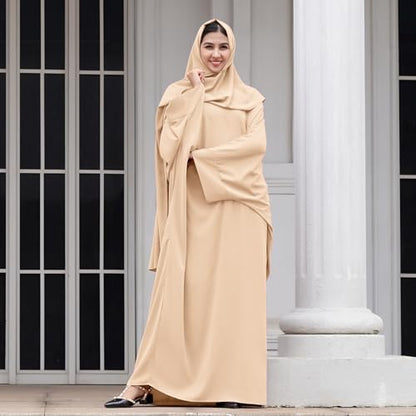 IDOPIP Abayas for Women Muslim Dress with Hijab, One-Piece Long Sleeve Islamic Prayer Dress with Khimar Jilbab Kaftan Clothes - color: Apricot + Hijab