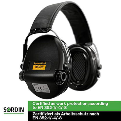 Sordin Pro-X Ear Muffs - Active and Electronic Ear Defenders w/Leather Headband - Gel Pads - Earmuffs for Hunting & Shooting - color: Black