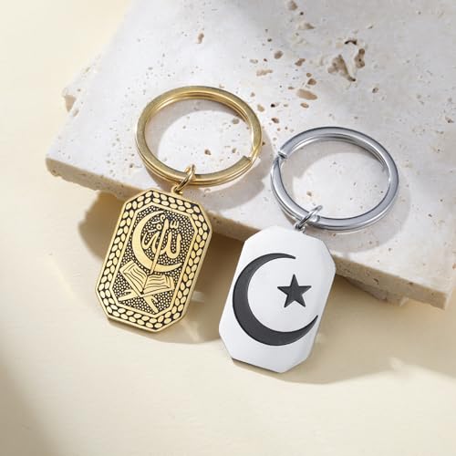 VASSAGO Stainless Steel Muslim Keychain Double Sided Islamic Crescent Star Allah Calligraphy Key Ring Religious Ramadan Gift - color: Silver