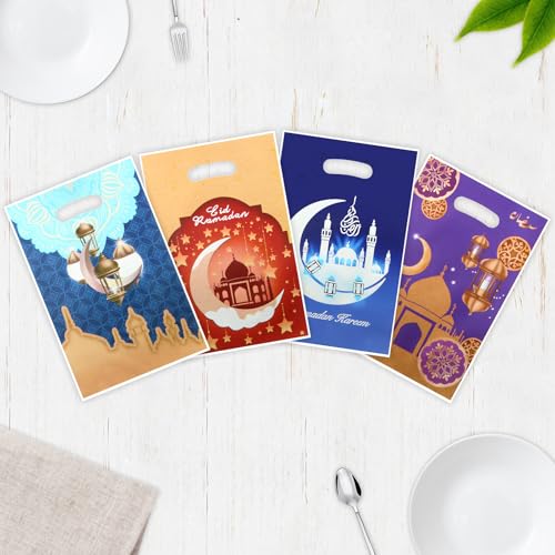 40pcs Eid Mubarak Favor Bags with Die Cut Handles, 4 designs - Muslim Mosque Moon Stars Lantern Print Goodie Candy Snack Plastic Gift Bags Pouch for Eid Al-fitr Islamic Diwali Ramadan Theme Party Favor