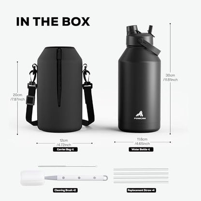 POWCAN 64 oz Insulated Water Bottle for Sports: 2-in-1 Straw & Spout Lid, Leakproof, Carrier Bag, Shoulder Strap, Keep Cold 48H, BPA-Free, Half Gallon Metal Water Jug for Gym, Travel, Gift (Midnight) - color: Midnight