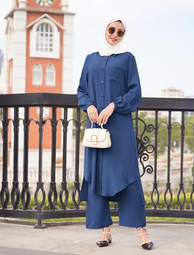 ODIZLI Women's Muslim 2 Pieces Sets Long Sleeve Button Down Shirt and Pants Abaya Casual Dress Dubai Outfits - color: Navy Blue, size: Small