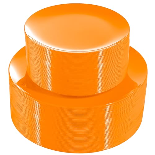 PULOTE 100PCS Orange Plastic Plates - Premium Hard Orange Disposable Include 50 Each(10.25 Inch Dinner & 7.5 Inch Dessert) Plates, Ideal for Party - color: Orange