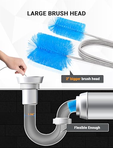 66 Inch Drain Cleaning Brush, Flexible Long Pipe Cleanner Tool | Flexible Long Reach, Double Nylon Ends, Stainless Steel Shaft, Sink & Drain Cleaning, Includes 2 Straw Brushes - size: Large clean brush