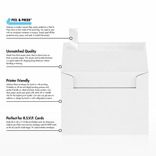 LUXPaper A2 Invitation Envelopes | Peel & Press | 4 3/8" x 5 3/4" | White | 80lb. Text | 250 Qty - color: 80lb. White Peel & Press, size: 250 Qty.