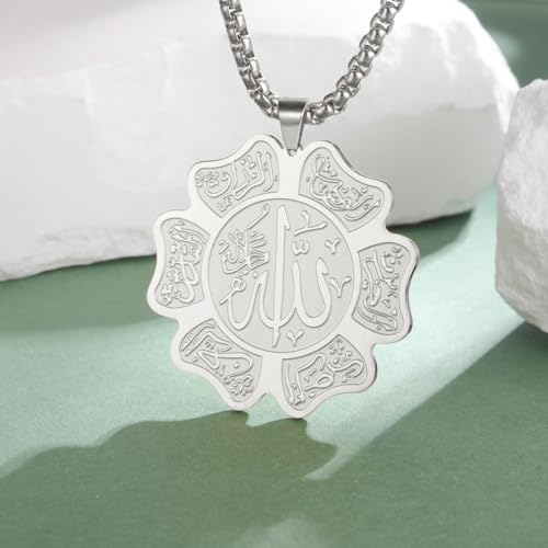UNIFT Islamic Allah Necklace for Women Men Stainless Steel Muslim Allah Arabic Petal Shape Pendant Necklace Islam Religious Jewelry Eid Ramadan Gifts - color: silver