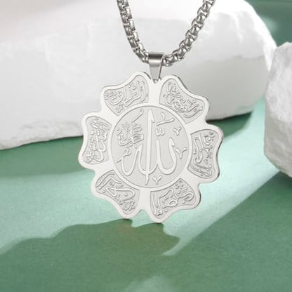 UNIFT Islamic Allah Necklace for Women Men Stainless Steel Muslim Allah Arabic Petal Shape Pendant Necklace Islam Religious Jewelry Eid Ramadan Gifts - color: silver
