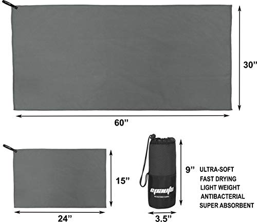 EPAuto 2팩 극세사 퀵 드라이 여행용 타월 세트, 그레이 | 경량, 뛰어난 흡수성, 컴팩트, 152.4cm x 76.2cm(60x30인치) 및 61x38.1cm(24x15인치), 체육관/캠핑/해변/요가/배낭여행용 - color: 회색.