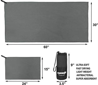 EPAuto 2팩 극세사 퀵 드라이 여행용 타월 세트, 그레이 | 경량, 뛰어난 흡수성, 컴팩트, 152.4cm x 76.2cm(60x30인치) 및 61x38.1cm(24x15인치), 체육관/캠핑/해변/요가/배낭여행용 - color: 회색.