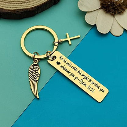 Dabihu Christian Keychain Gift for Women Men Religious Jewelry First Communion Gifts Baptism Gifts Bible Verse Keychain - color: For He Will Order His Angels to Protect You Wherever You Go Inspirational Gold Keychain