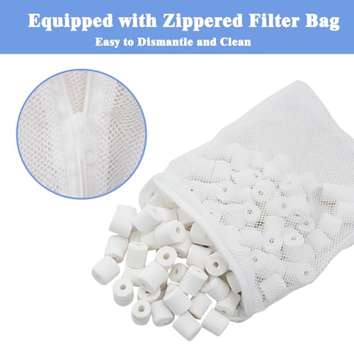 Aquarium Filter Media, Bio Ceramic Rings Set with Zippered Mesh Bag, Durable Freshwater Marine Biological Filter Media for Fish Tank, Pond, Canister (1.1lb, 500g)
