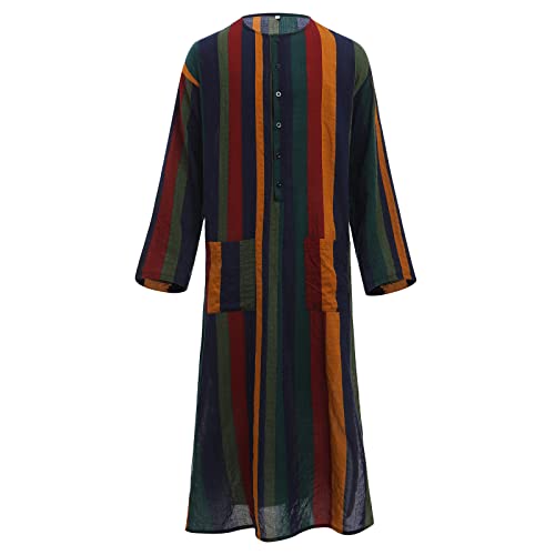 IDOPIP Men's Muslim Thobe Long Sleeve Striped Robe Gown Arab Islamic Kaftan Abayas Dress Middle East Dubai Ramadan Clothing - color: Yellow, size: XX-Large