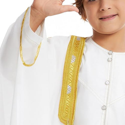 Boys Robe Islamic Muslim Clothes Kimono Loose Abaya Dresses Long Sleeve Embroidered Chiffon Kaftan Cardigan Casual Dubai Thobe - color: White