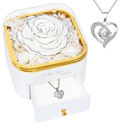 Beferr Birthday Gifts for Women Preserved Real Rose with Necklace Eternal Roses Forever Flowers for Delivery Anniversary Mothers Gifts for Mom Her Grandma Wife Sister from Daughter Son - color: White C