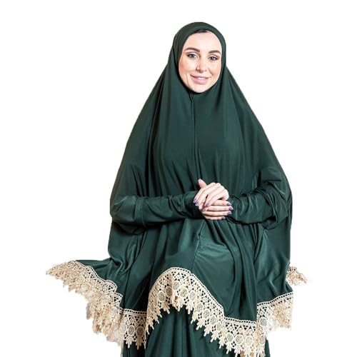 Women's Prayer Dress 2 Pieces Solid Color Plus Long Sleeve | One-Size | Hijab Abaya Suit - color: Dark Green