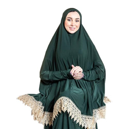 Women's Prayer Dress 2 Pieces Solid Color Plus Long Sleeve | One-Size | Hijab Abaya Suit - color: Dark Green