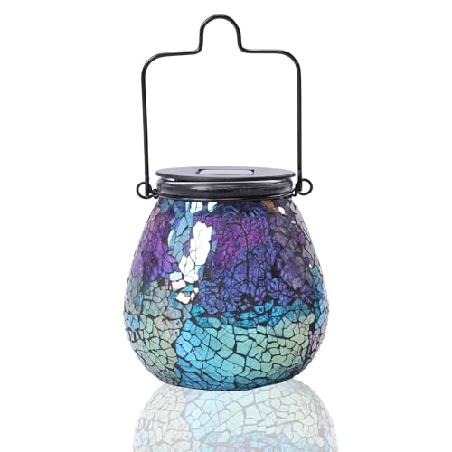 Afirst Outdoor Solar Lantern Waterproof Mosaic Glass Hanging Garden Light - color: ice-purple