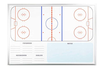 Dry Erase Ice Hockey Whiteboard, Wall Mounted 32" Tall x 45" Wide with Aluminum Trim and Full-Length Marker Tray. Includes Installation Hardware. Features Image of Full Rink, Line-Up, and Notes.