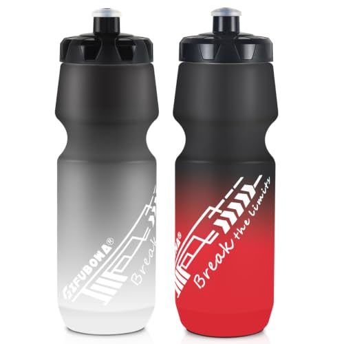 Bicycle Water Bottle 750ml Leakproof Squeeze BPA Free 24oz Bike Mountain Bottles Design for Cycling Riding, Running Outdoor Sports 2 Pack - color: Black/White+Black/Red(2 PC)