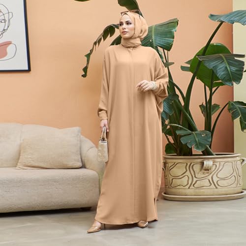 IKADEX Women Batwing Sleeve Abaya Button Loose Fit Long Maxi Muslim Dress Islamic Kaftan Prayer Robe - color: Khaki