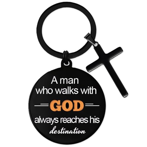 Christian Gifts Keychain for Men, Religious Baptism Gift Keychains for Birthday Christmas, A Man Who Walks With God Keyring - color: Black