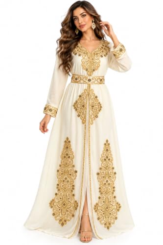 Women's Moroccan Kaftan Dress White Gold Embroidered Abaya Maxi Dress, Farasha Gown, Batwing Sleeves, Beach Cover Up - size: 4X-Large