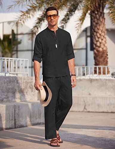 COOFANDY Men's 2 Pieces Cotton Linen Set Long Sleeve Henley Shirts Casual Beach Pants With Pockets Summer Yoga Outfits - color: Black, size: Medium