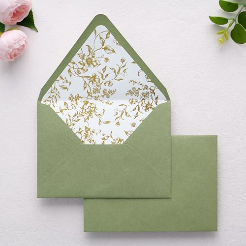 PONATIA A7 Euro Flap Gold Foil Liner Envelopes, 5x7 Sage Green Envelopes - color: Sage Green + Goil Foil
