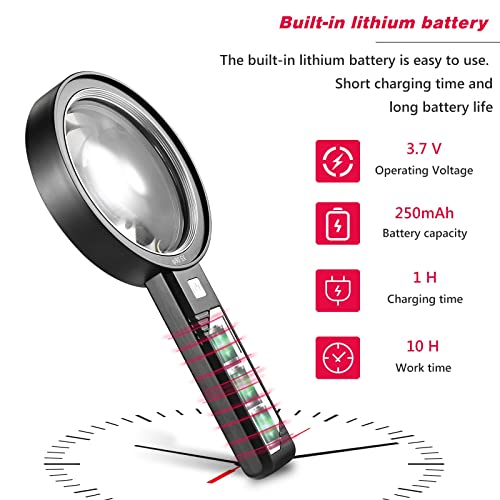 Magnifying Glass with Light, USB Rechargeable 5X 10X 15X Handheld Magnifying Glass Double Lens Magnifier 8 Light for Reading Small Prints, Seniors Reading, Books, Map, Coins - style: 5X 10X 15X-3.3in