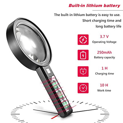 Magnifying Glass with Light, USB Rechargeable 5X 10X 15X Handheld Magnifying Glass Double Lens Magnifier 8 Light for Reading Small Prints, Seniors Reading, Books, Map, Coins - style: 5X 10X 15X-3.3in