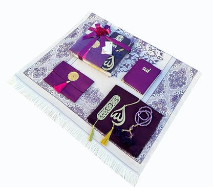 SAIKA Muslim Prayer Rug, 7 in One Gift Set, Prayer Mat Surah Book, Tasbeeh, Scarf, Surah Case, Bookmark, Car Mirror Hanger, Prayer Beads,Islamic Gift for Umrah, Hajj, Wedding, Janamaz (Purple) - color: Purple