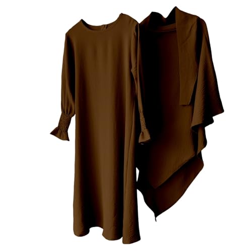 Kids Girls Muslim Abaya Dress Plain Cotton Islamic Prayer Dress with Hijab Toddler Traditional Ramadan Muslim Dresses - color: Coffee, size: 5-6 Years