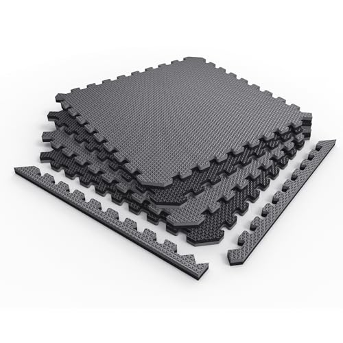 Reversible Exercise Mats 3/4" Thick EVA Interlocking Foam Tiles, Perfect Home Gym Flooring, 4 Tiles & 8 Trim Pieces, 16 Sq. Ft. 24"x24", Gray/Black - color: Gray/Black, size: 4 Tiles - 16 Sq. Ft.