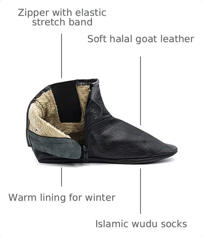 Modefa Men's Islamic Mest Sock | Soft Halal Goat Leather | Warm Lining for Winter | Muslim Khuff Kuffain | For Wudu Abdes Ablution | Zipper Stretch Comfortable Socks Slippers - size: 8.5