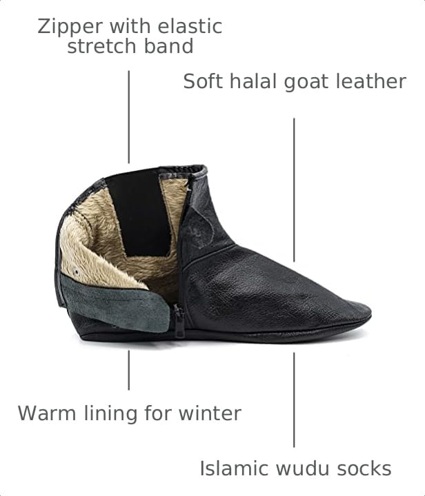 Modefa Men's Islamic Mest Sock | Soft Halal Goat Leather | Warm Lining for Winter | Muslim Khuff Kuffain | For Wudu Abdes Ablution | Zipper Stretch Comfortable Socks Slippers - size: 11.5