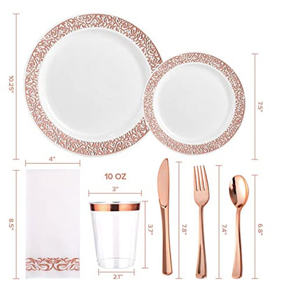 FOCUSLINE 175 Ct Rose Gold Dinnerware Set for 25 Guests, Plastic Plates with Rose Gold Lace Rim Design, Including 25 Disposable Dinner & Dessert Plates, Cups, Napkins, Cutlery Set - color: Rose Gold Dinnerware Set
