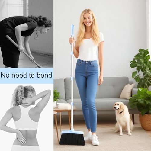 BSKLIN Broom and Dustpan Set for Home, 52" Long Handle Broom Set with Dustpan Teeth to Clean Hair Sweeping Indoor and Outdoor (Blue) - size: Small-Blue
